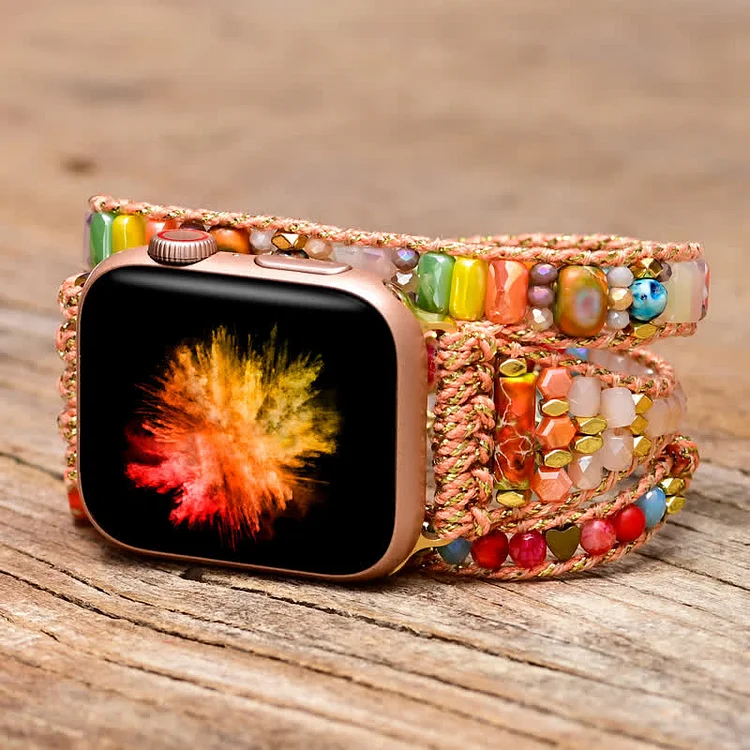 Natural Pink Crystal Colourful Gemstones Apple Watch Strap Wrap Bracelet