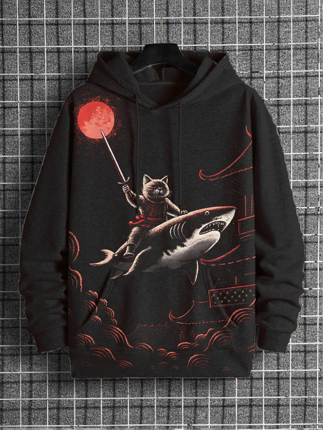 Men's Warrior Cat Riding Shark To Fight Art Print Hooded Sweatshirt