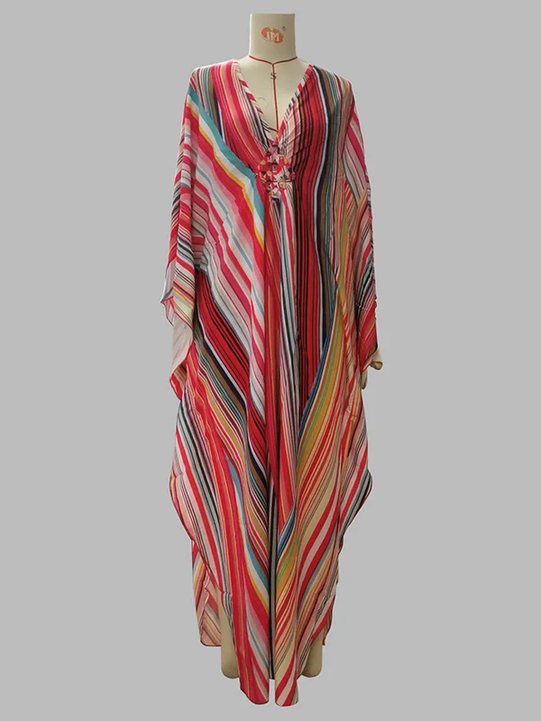 Printed Split-Joint Striped Batwing Sleeves Loose V-Neck Maxi Dresses
