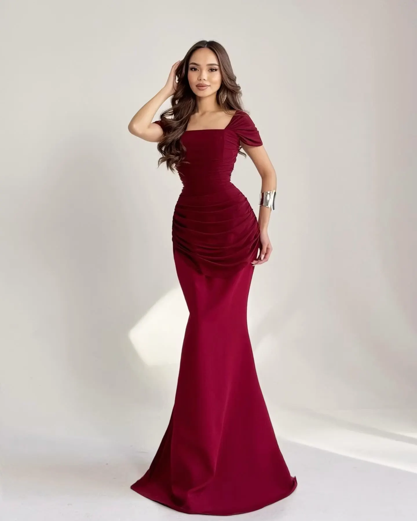 Lussooy Elegant Burgundy Short Sleeves Square Neck Pleated Floor Length Prom Dress