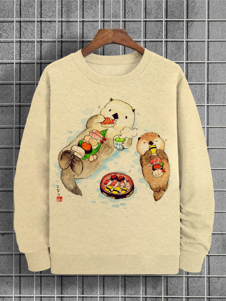 Men\'s Cute Print Art Japanese Casual Otter Sushi Sweatshirt Eating