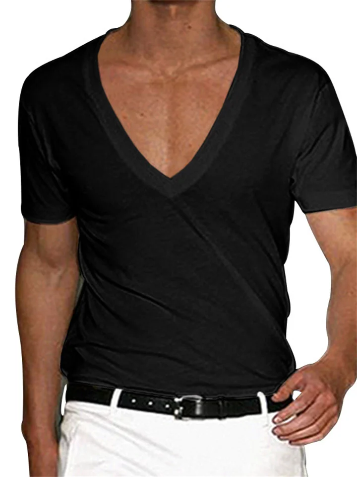 Men's Short-sleeved V-neck T-shirt Slim Solid Color Casual Short-sleeved White Blue Black Green Khaki Gray Red-JRSEE
