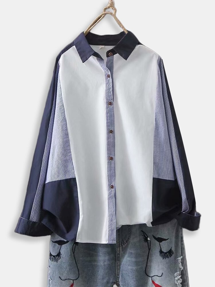 Contrast Color Stripe Patchwork Long Sleeve Shirt For Women P1642377