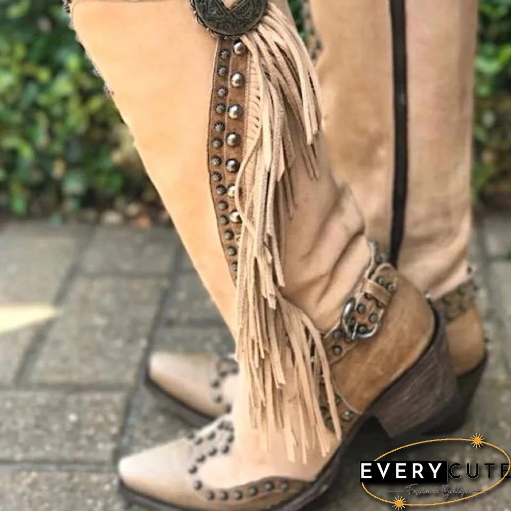 Women Vintage Tassel Western Boots With Zipper