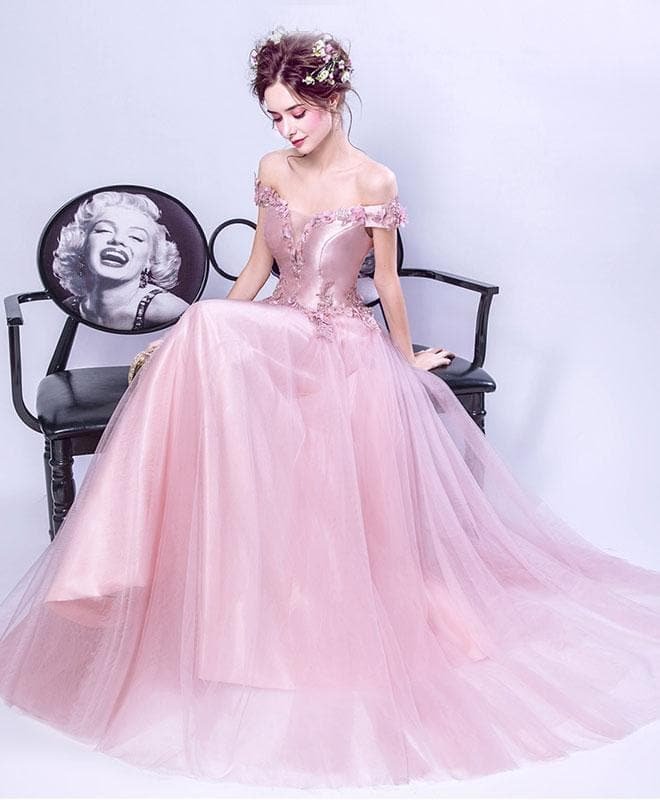 Pink V Neck Tulle Lace Long Prom Dress, Pink Evening Dress