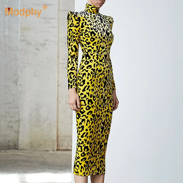 Amalrob Winter New Fashion Leopard Print Long Dress Elegant Women Long Sleeve Bodycon Dress Celebrity Evening Party Runway Vestidos