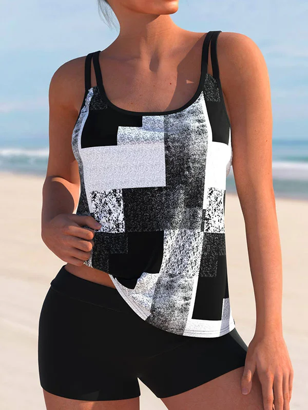 Geometric Print White Wide Strap Tank Top Ladies Swimsuit Set