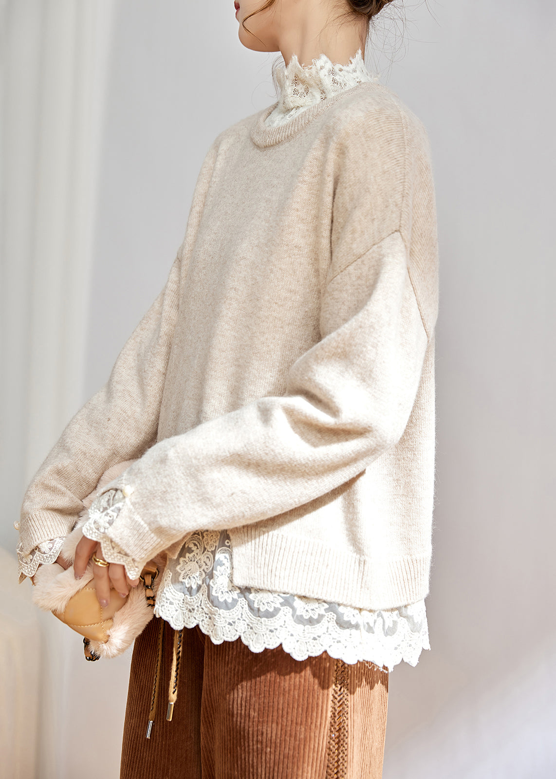 Elegant Beige O-Neck Print Cotton Knitted Top Long Sleeve