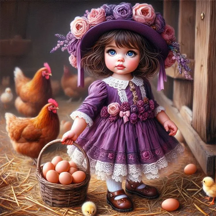 Girl And Chicken 30*30CM (Canvas) Full Round Drill Diamond Painting gbfke