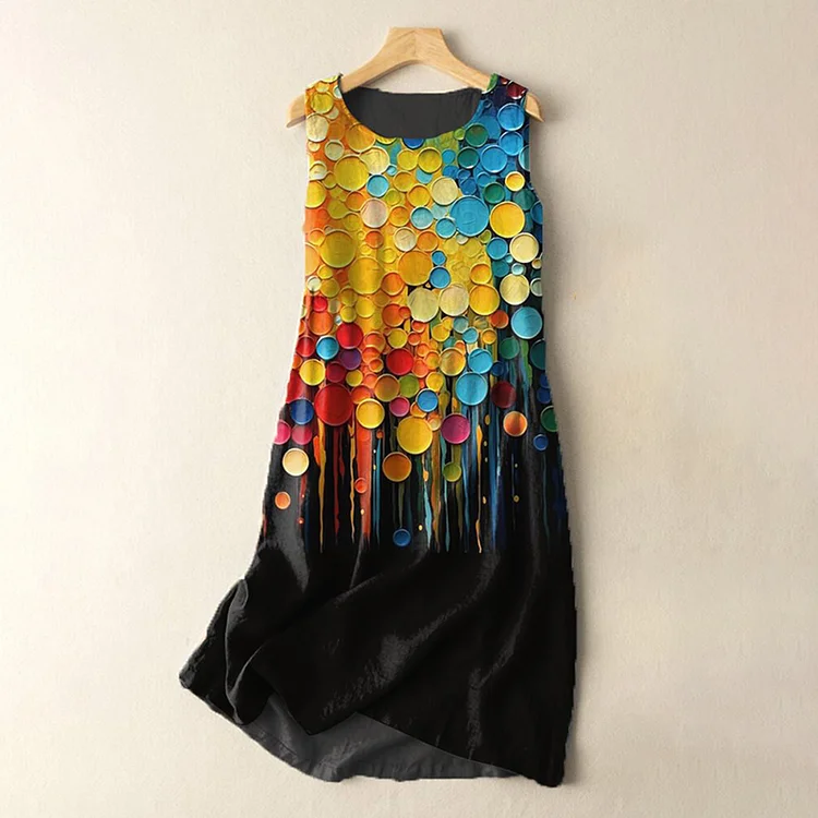 Comstylish Vintage Rainbow Fluid Spot Painting Print Cotton And Linen Midi Dress