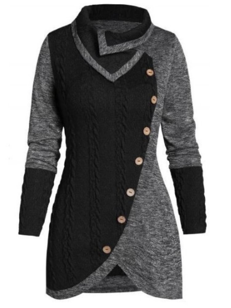 Vintage Contrast Panel Button Irregular Sweater