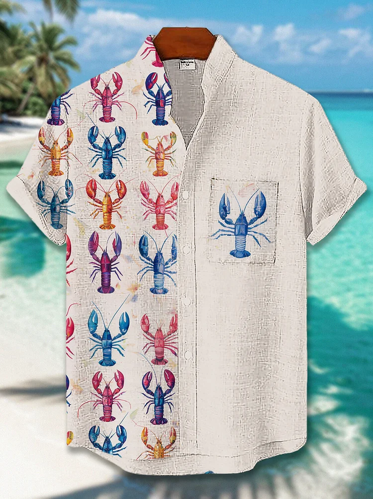 Men's Watercolor Art Lobster Graphic Print Short Sleeve Shirt