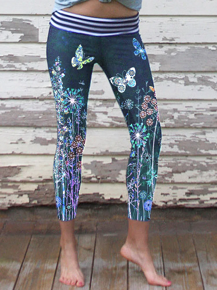 Retro butterfly print casual stretch Nine point  stretch pants