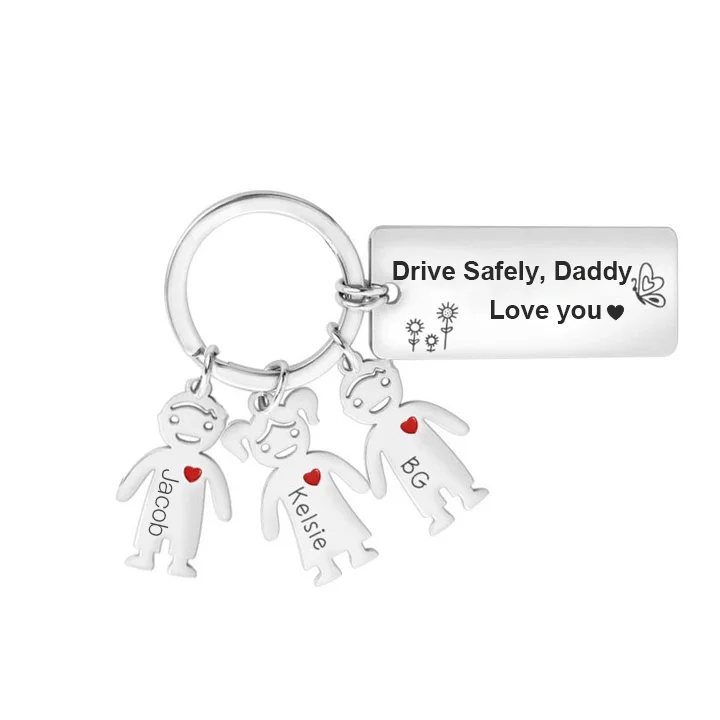Personalized Kid Charm Keychain Engraved 3 Names Drive Safely Family Keychain