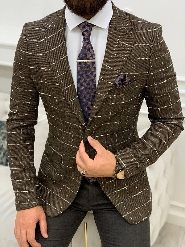 Mens Brown Slim Fit White Checked Blazer