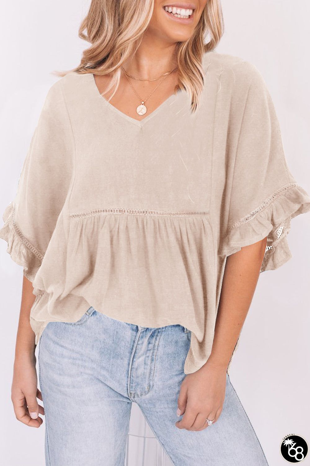 Ruffled Lace Detail Loose V Neck Top | 168DEAL