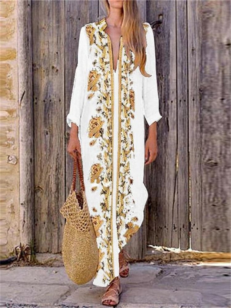 Boho Floral Deep V Neck Maxi Dress