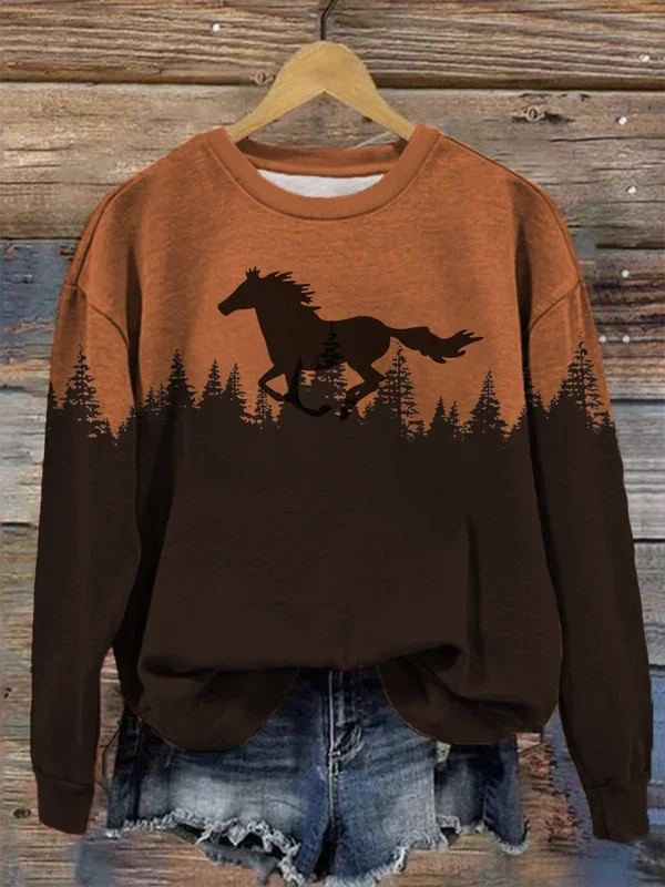 "Women's Running Horse Forest Treetop Silhouette Print Casual Sweatshirt "