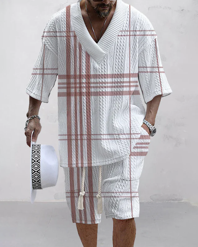 Men's V-neck luxury textured print shorts Set 027