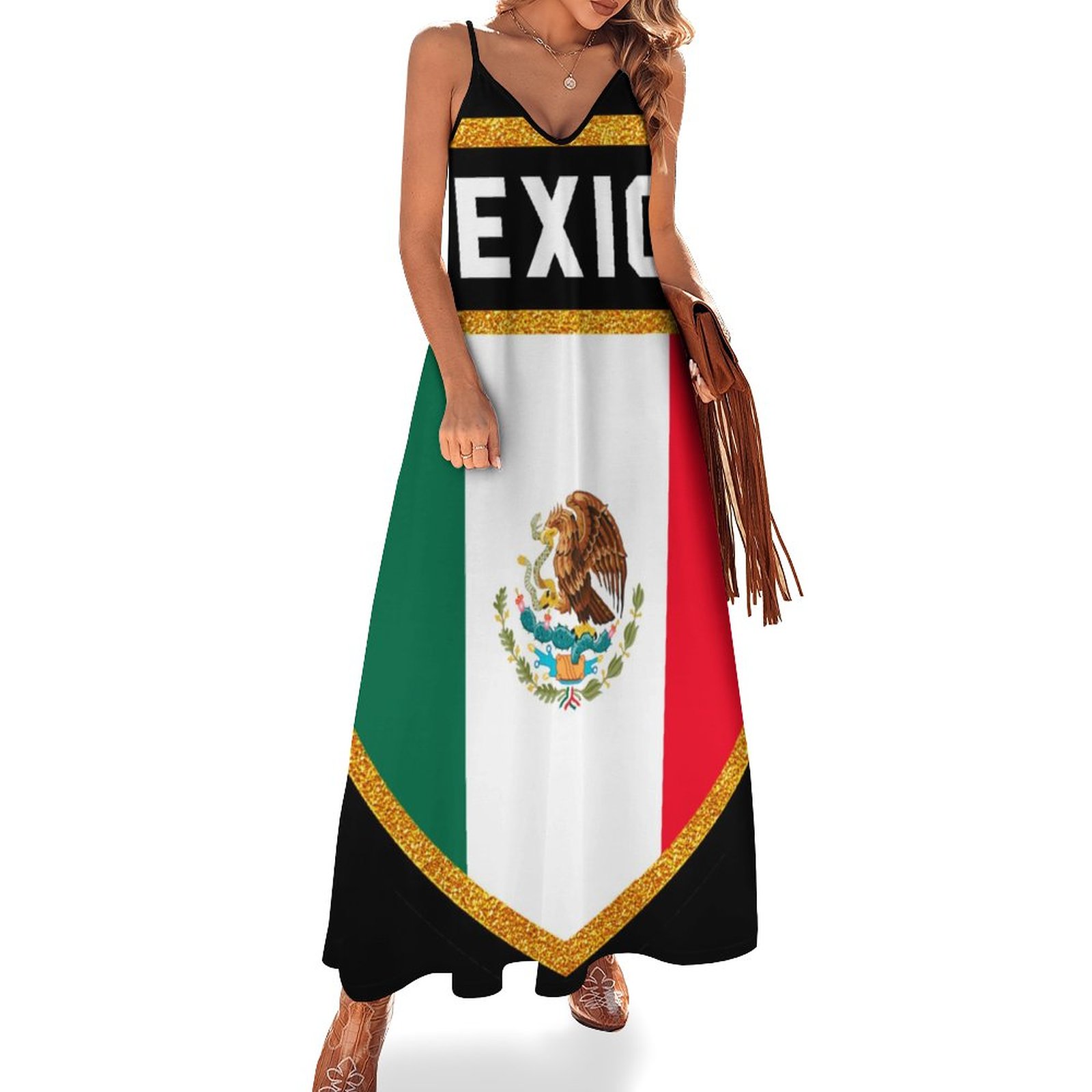Mexico Flag Women's Casual Strappy V Neck Sleeveless Flowy Loose Long Maxi Beach Dress Sundress Flag-L