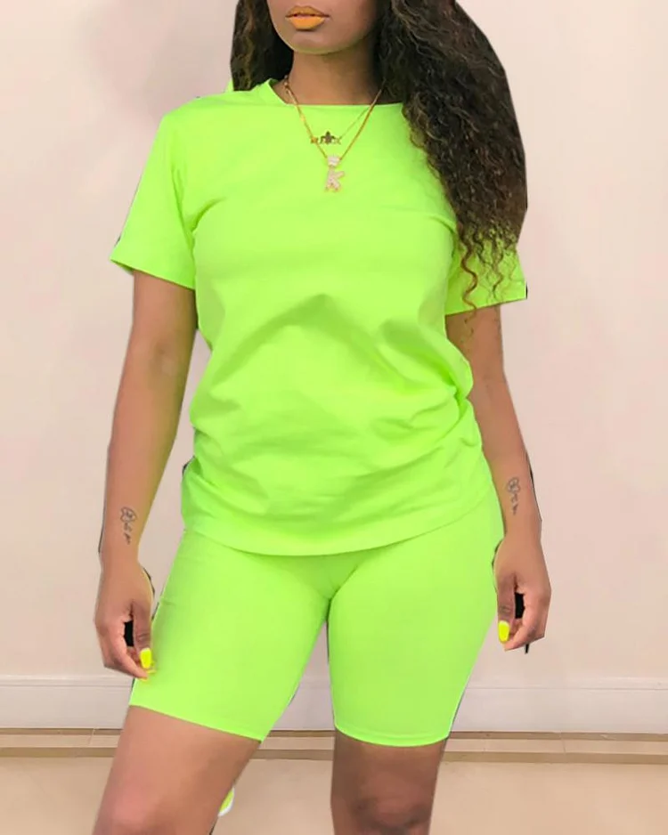 Solid Short Sleeve Sporty Top & Short Set P15276
