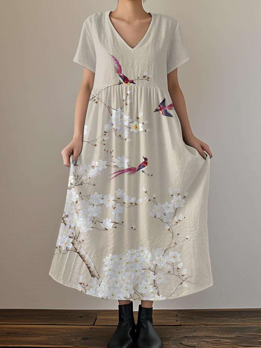 Women's Vintage Floral and Cat Art Print V-Neck Maxi Dress main image 1