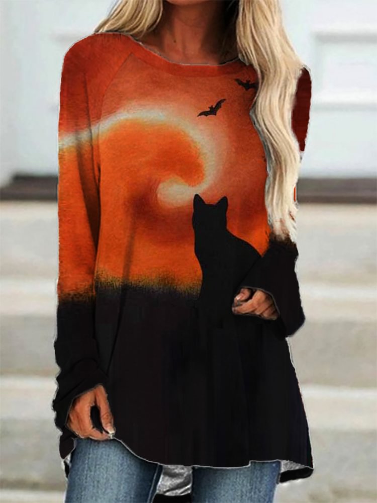 Vefave Halloween Black Cat Contrast A Line T Shirt