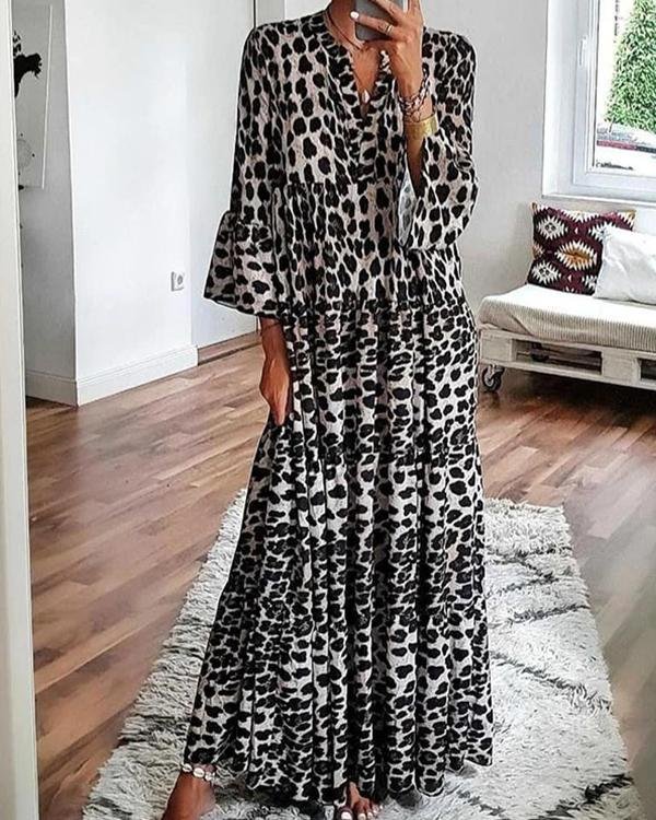 fashion leopard print dress flare sleeve ruffled hem maxi dress p414236