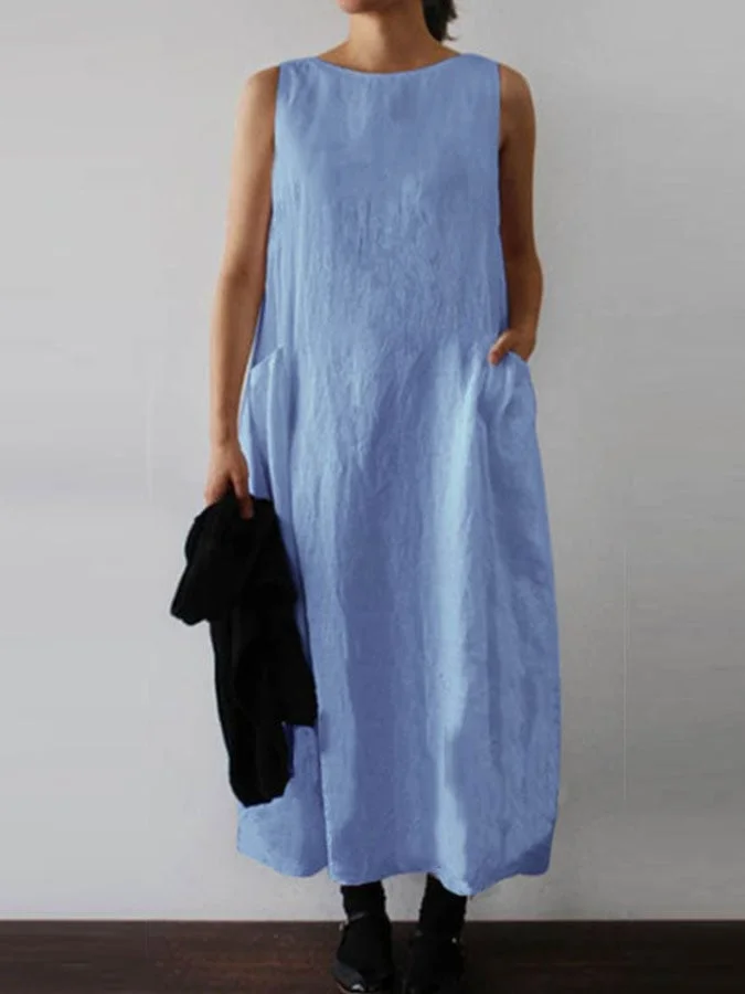 Solid Color Sleeveless Cotton And Linen Dress socialshop