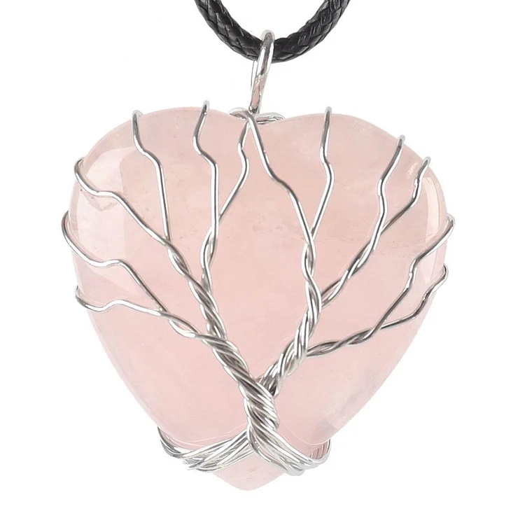 Silver Tree Of Life Wire Wrapped Heart Shape Stone Pendant