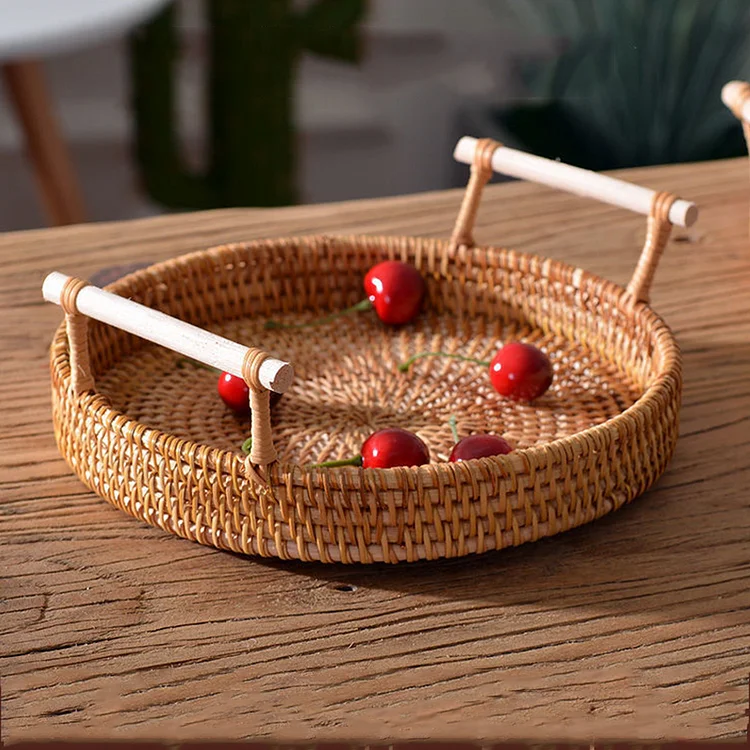 Rattan Handwoven Round Serving Tray Food Storage Plate With Wooden Handles | AvasHome