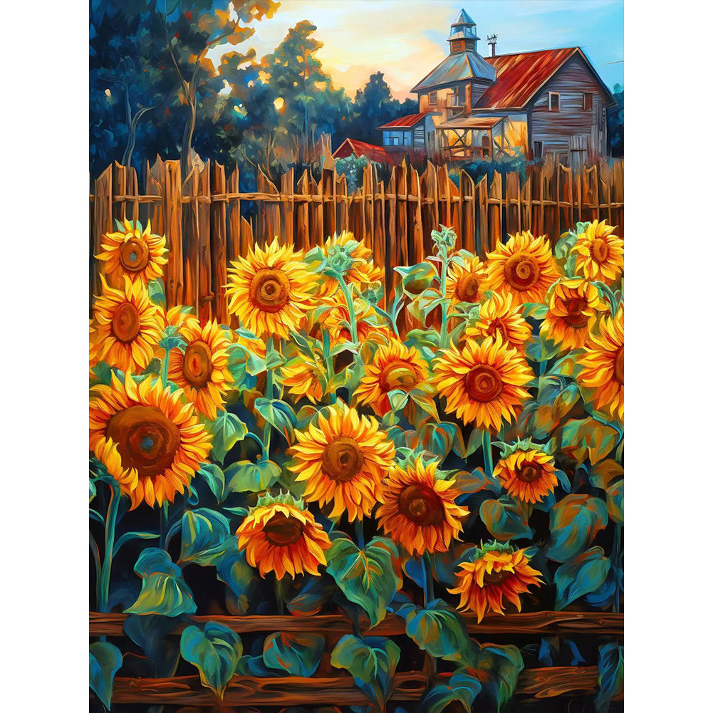 Sunflowers on a fence | Original acrylic painting on a canvas