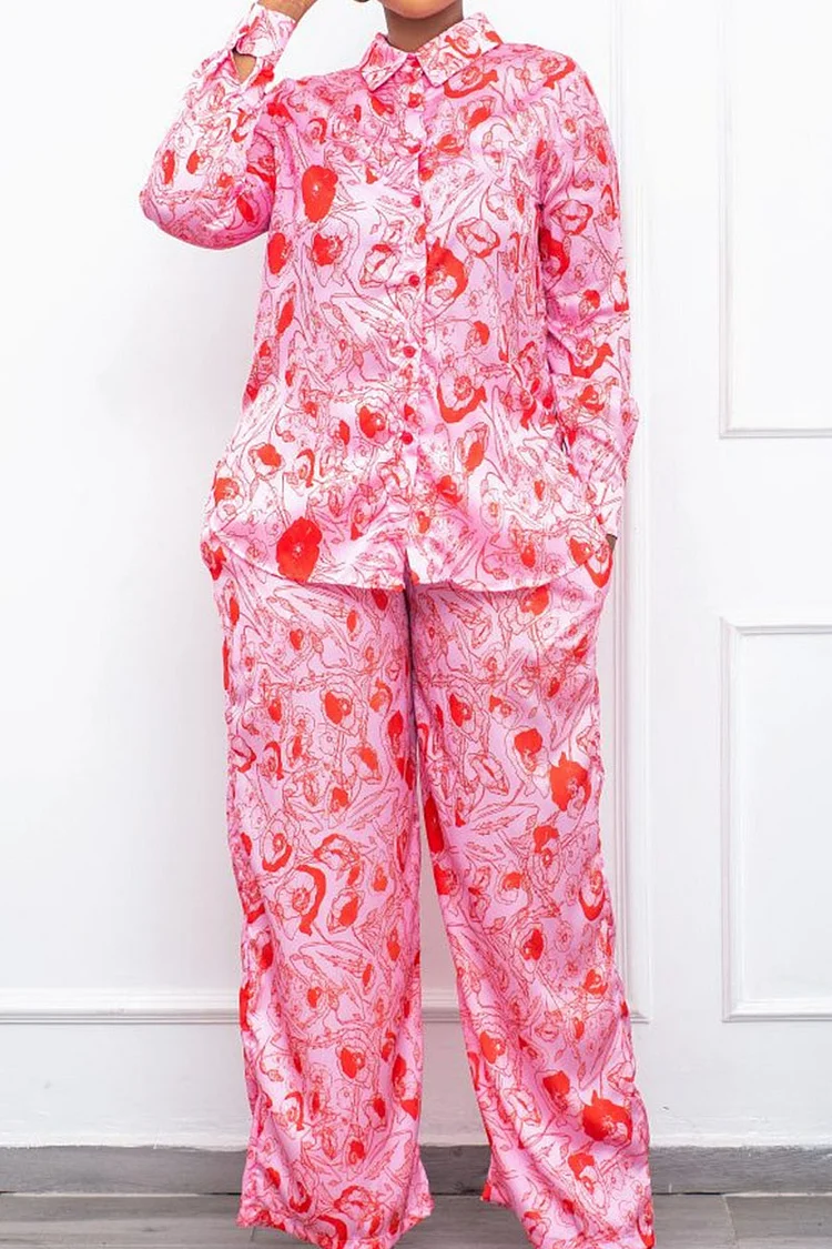 Pink Casual Print Patchwork Buckle Turndown Collar Long Sleeve Two Pieces