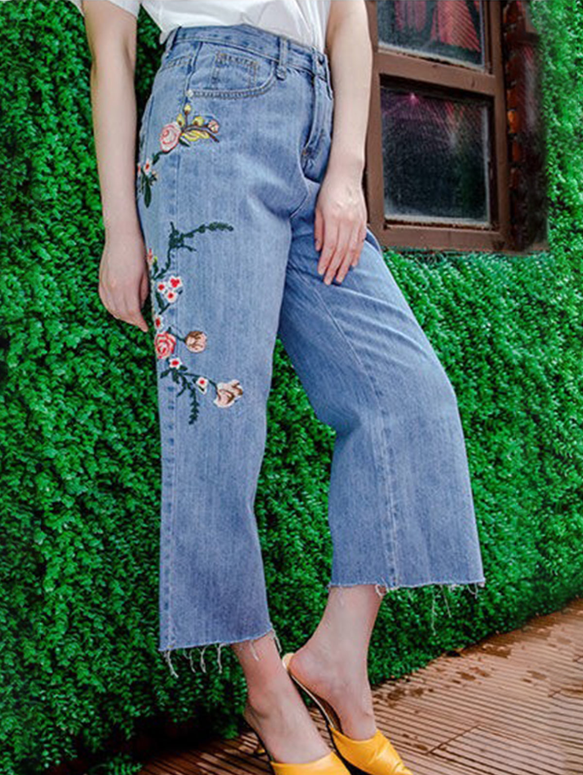 Elegant High Waist Embroidered Denim Wide Leg Pants