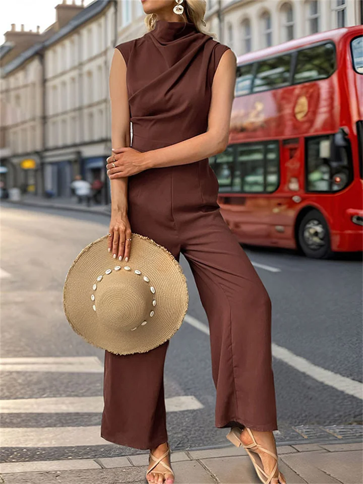 New Summer Women's Sleeveless Solid Color Swing Collar Jumpsuit Pants Mid-waist Pants-JRSEE