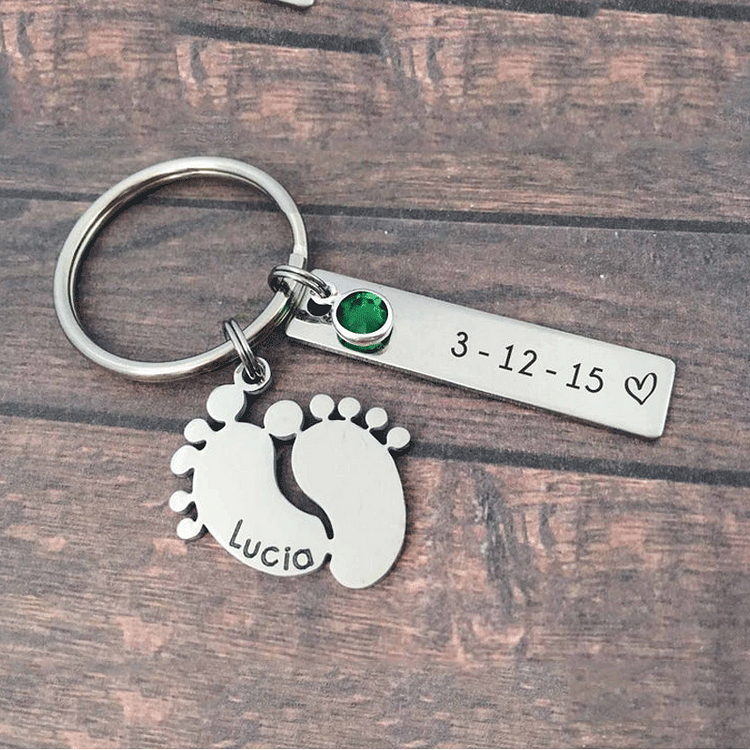 1 Name - Personalized Baby Feet Keychain Customized Birthstone & Name & Text Keyring Gifts for Mother