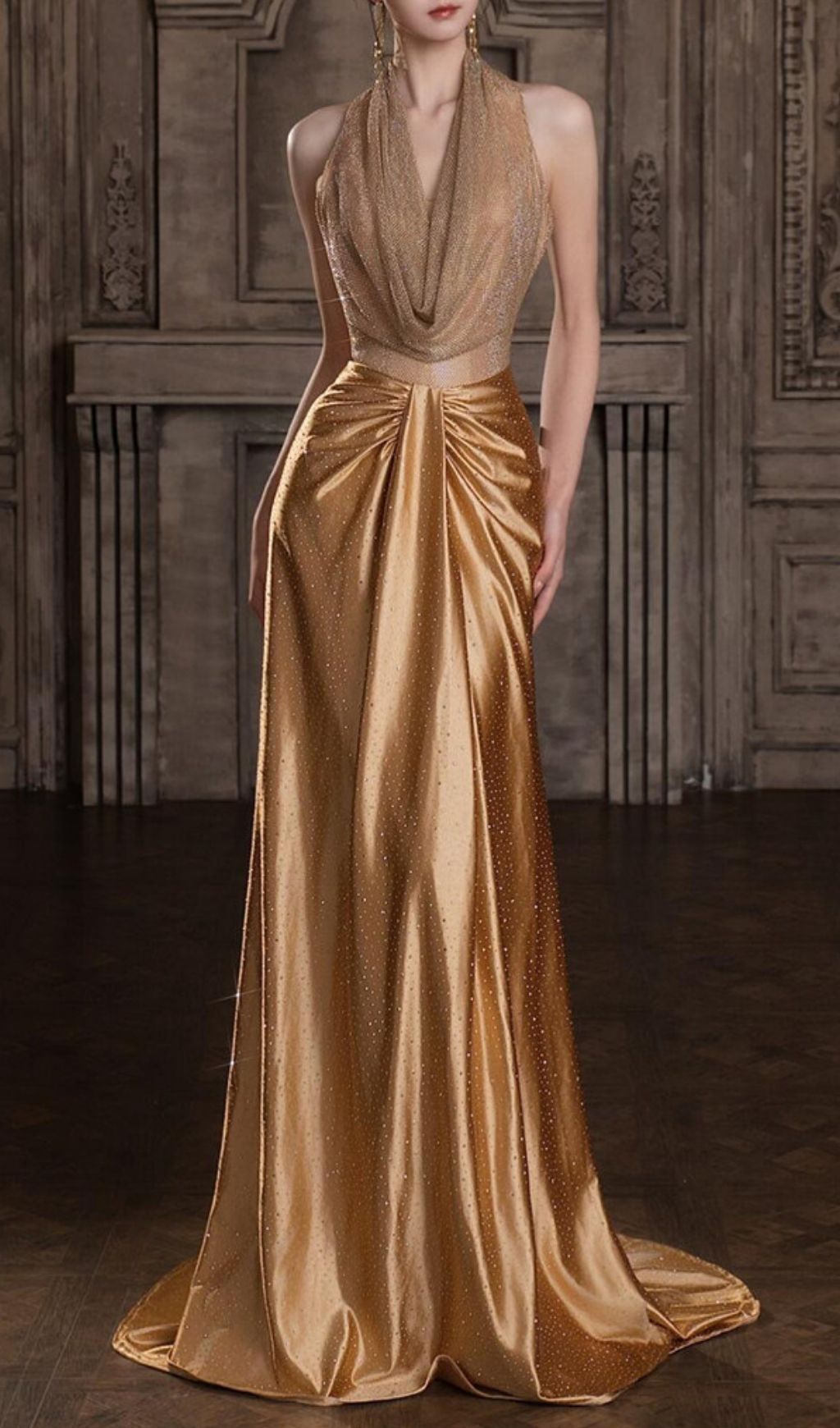 golden halter dress Halter neck dress in liquid gold chiffon featuring handcrafted grassho main image 0