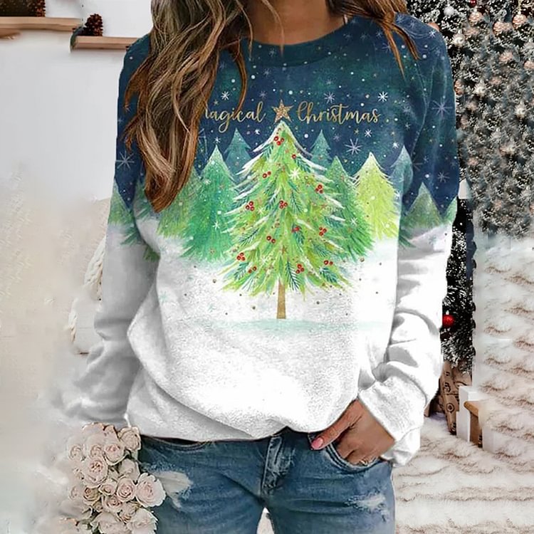 Comstylish Women's Merry Christmas Christmas Tree Glitter Print Casual Sweatshirt
