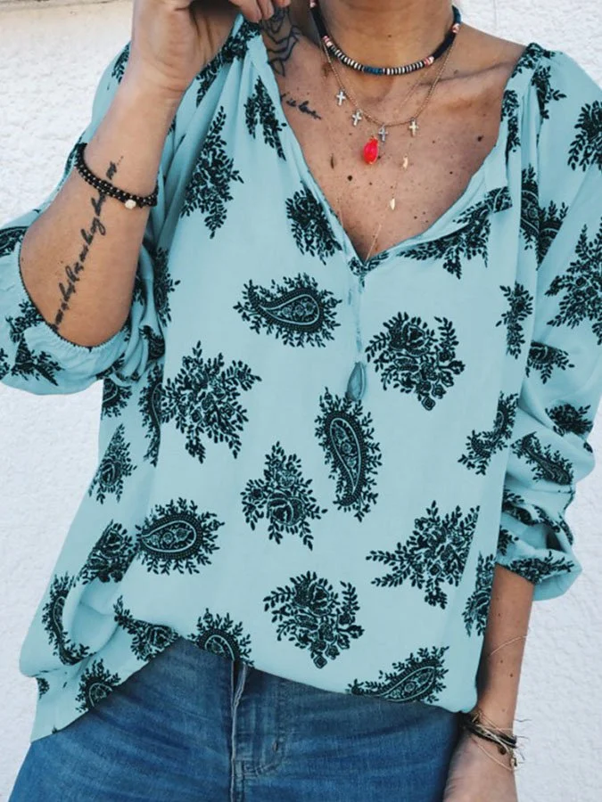 Floral Print V-Neck Long Sleeve Casual T-Shirt socialshop