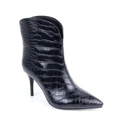 VCSHOES Woman Yellow White Black Crocodile Pattern Short Ankle Boots Female Pointed Toe 7 Cm V Shape High Heel Booties