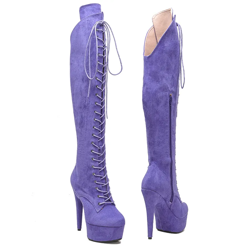VCshoes 15CM/6Inches Suede Upper Women New Design High Heel Dancing Stripper Shoes Platform Knee High Boot 5B