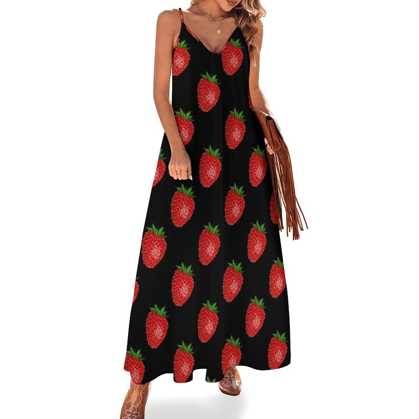 black dress with strawberries GILDA DRESS-GC Strawberries Black – whoopikids main image 0