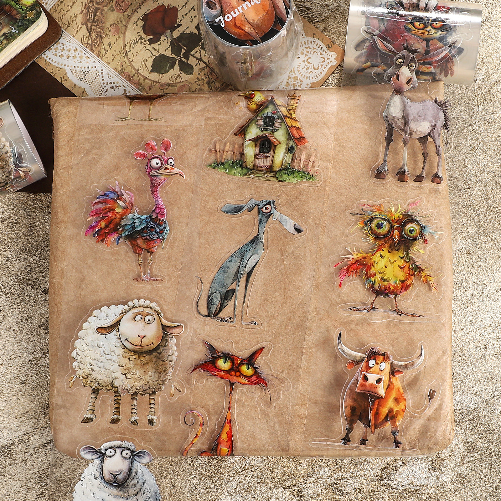 PETテープ - 60mm×200cm ヴィンテージ風 農場の動物たち 牛 豚 羊