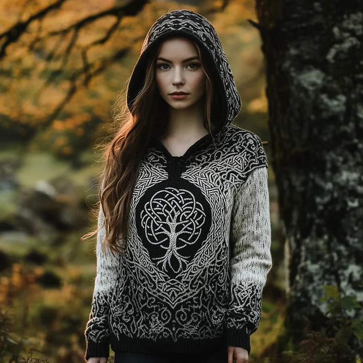 Women's Vintage Celtic Tree Of Life Jacquard Ombre Hooded Sweater
