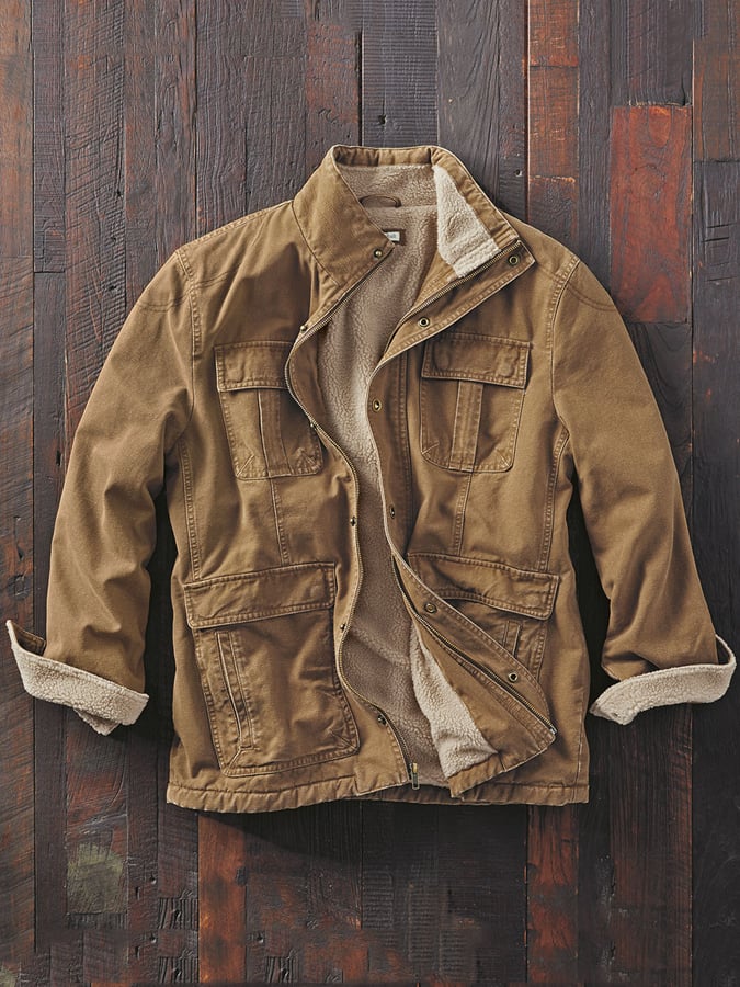 Men'S Solid Color Plush Pocket Jacket