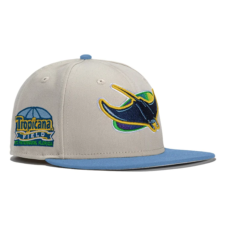 Exclusive New Era 59Fifty Stone Dome Tampa Bay Rays Tropicana Field Patch Hat- Stone, Light Blue QueenFunky