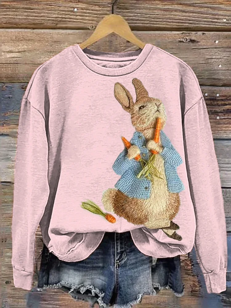 VChics Bunny Embroidery Art Casual Cozy Sweatshirt