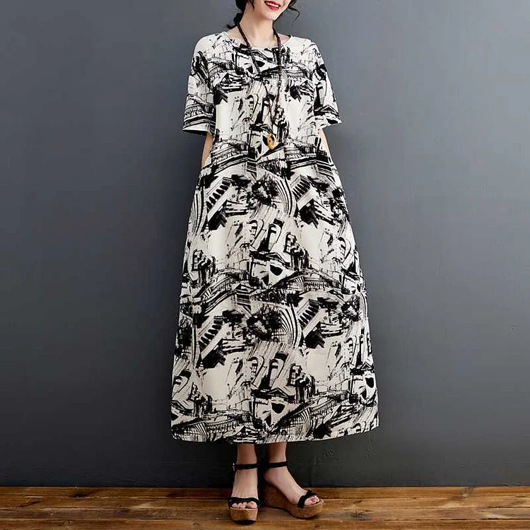 Ethnic Style Abstract Print Short Sleeve Maxi Dress