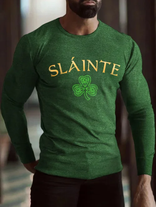 Men's St Patrick's Day Slainte Shamrock Print Long Sleeve T-Shirt