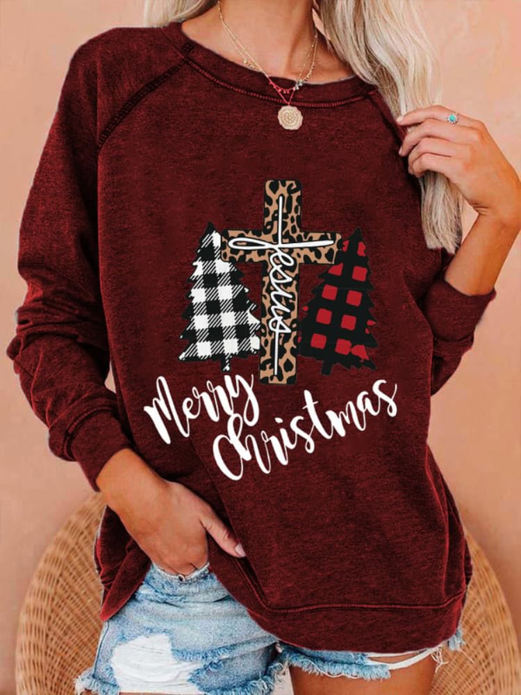 VChics Merry Christmas Leopard Cross Casual Sweatshirt